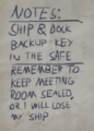 Note left by Captain Magnusson on keeping the meeting room door locked.